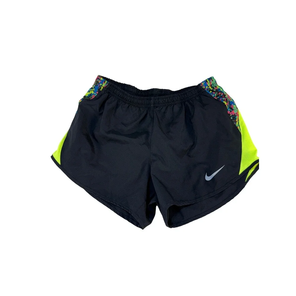 Nike Dri-FIT Girls Shorts Small Black Neon Yellow Splatter Print Athletic